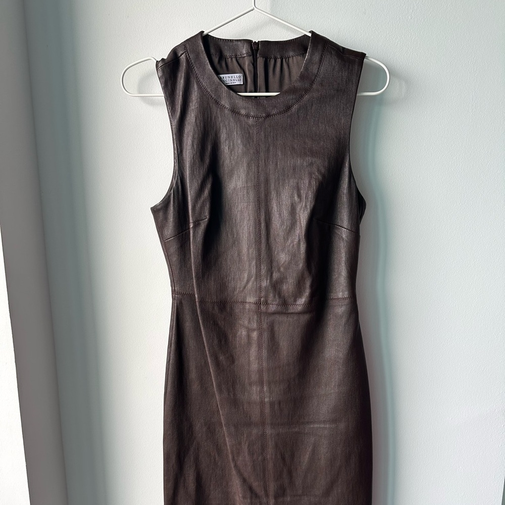 BRUNELLO CUCINELLI Stretch Nappa Dress Brown Leather Dress Size Small